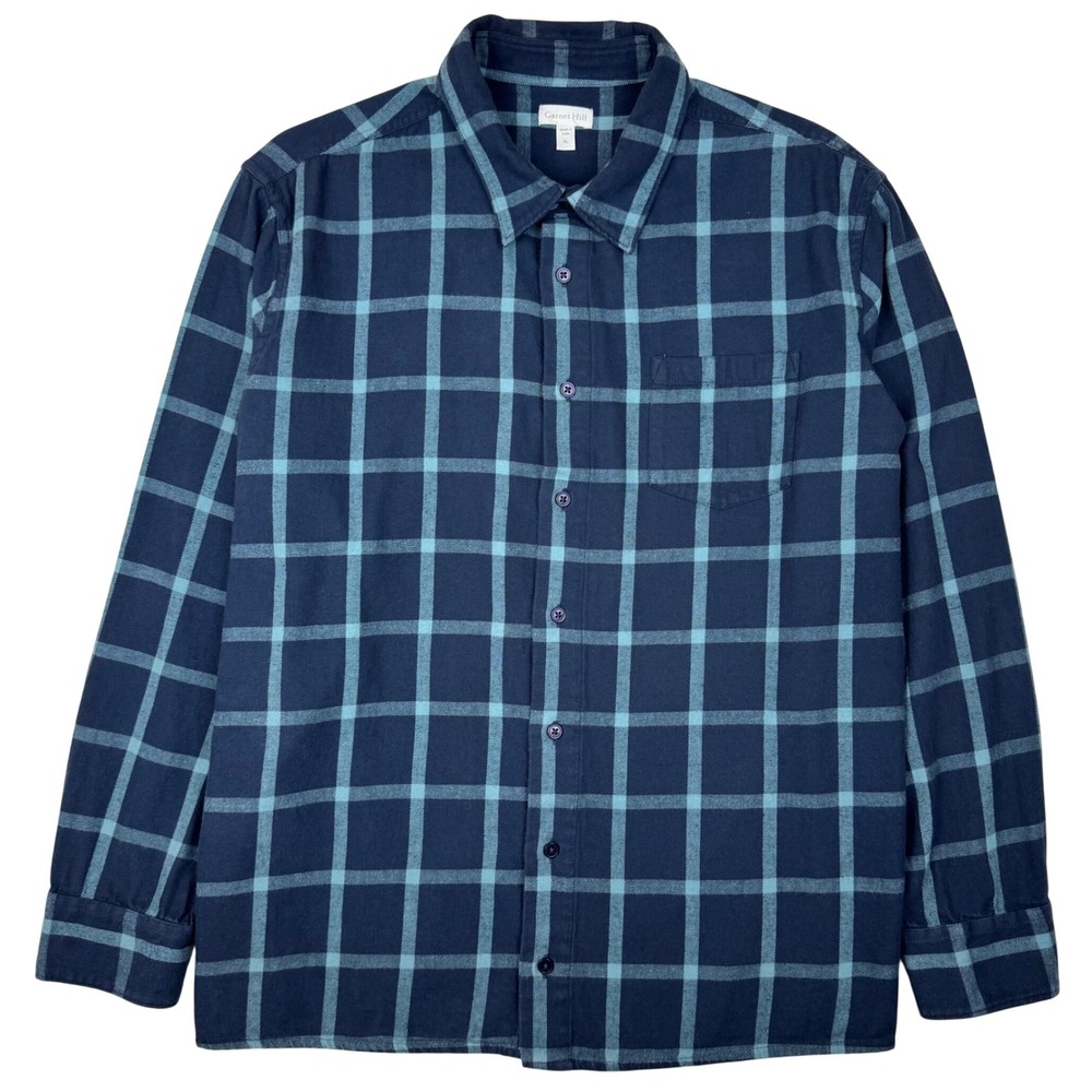 Garnet Hill Organic Cotton‎ Plaid Flannel Shirt Mens XL Blue Button Up